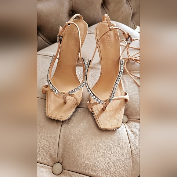 SCHUTZ Vikki Crystal Nude Beige Leather Sandals Strap Heels Prom Rhinestones 8.5 - Picture 3 of 8